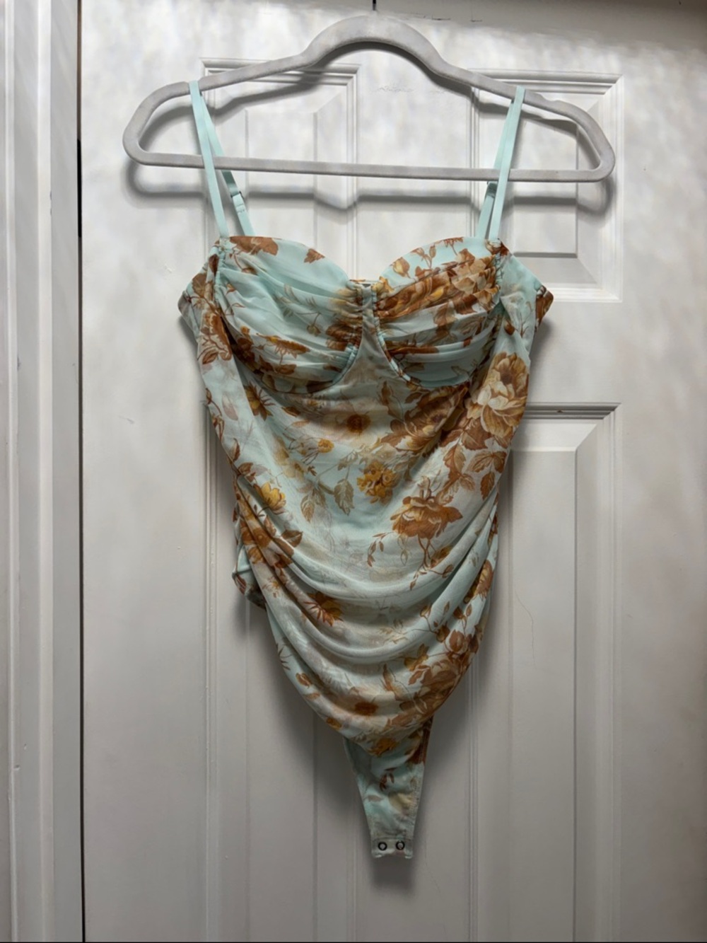 Abercrombie & Fitch Floral Draped Bodysuit in Light Blue and Brown